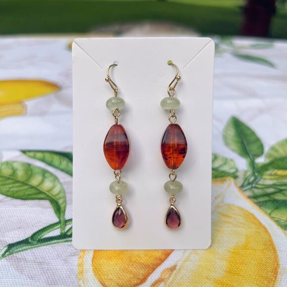 Hand Crafted Jewelry - Amber Garnet Wine Red Crystal Glass Cantaloupe Fruit Green Casual Earrings